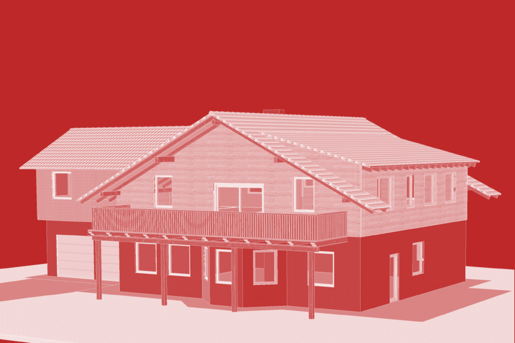 CAD-Zeichnung eines Gebäudes mit Balkon und Gaupe.
