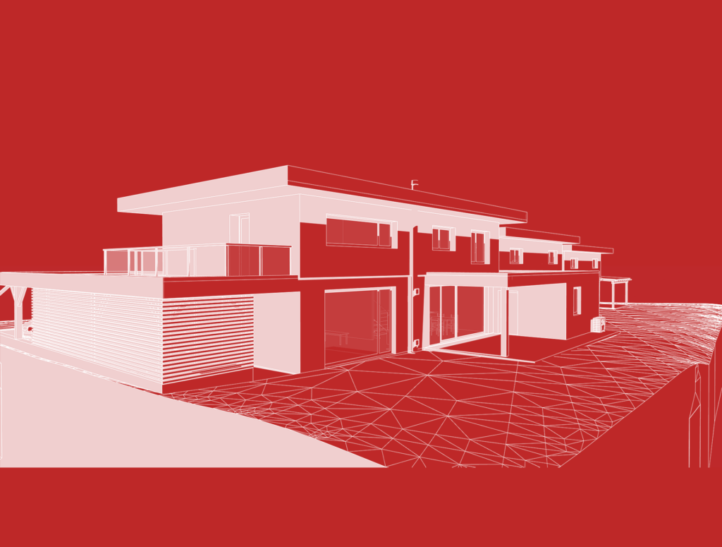 CAD-Zeichnung eines Gebäudekomplexes mit Flachdach.