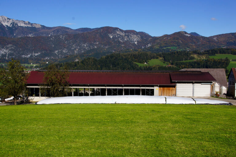 Foto eines landwirtschaftlichen Wirtschaftsgebäudes. Bergpanorama im Hintergrund.